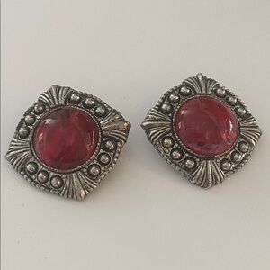 Vintage Silver and Red cabochon Statement clip Earrings